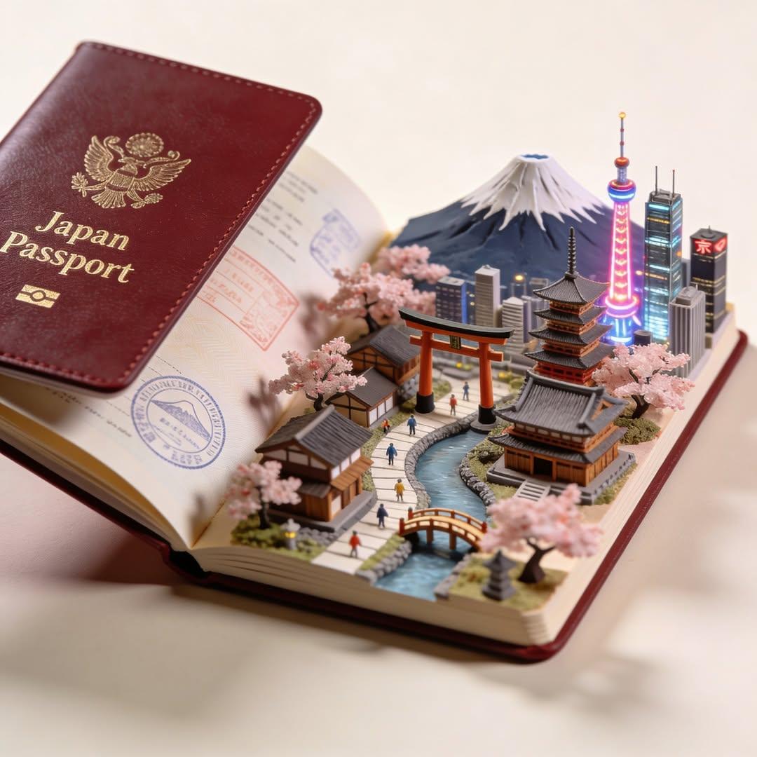 创意旅行概念:一本翻开的护照化作一个微型3D世界,精致的立体模型从书页中浮现,包含标志性建筑与风景(寺庙、塔楼、桥梁、山脉、海滩),微小的人沿着小径行走,逼真的纹理与层次感,柔和…