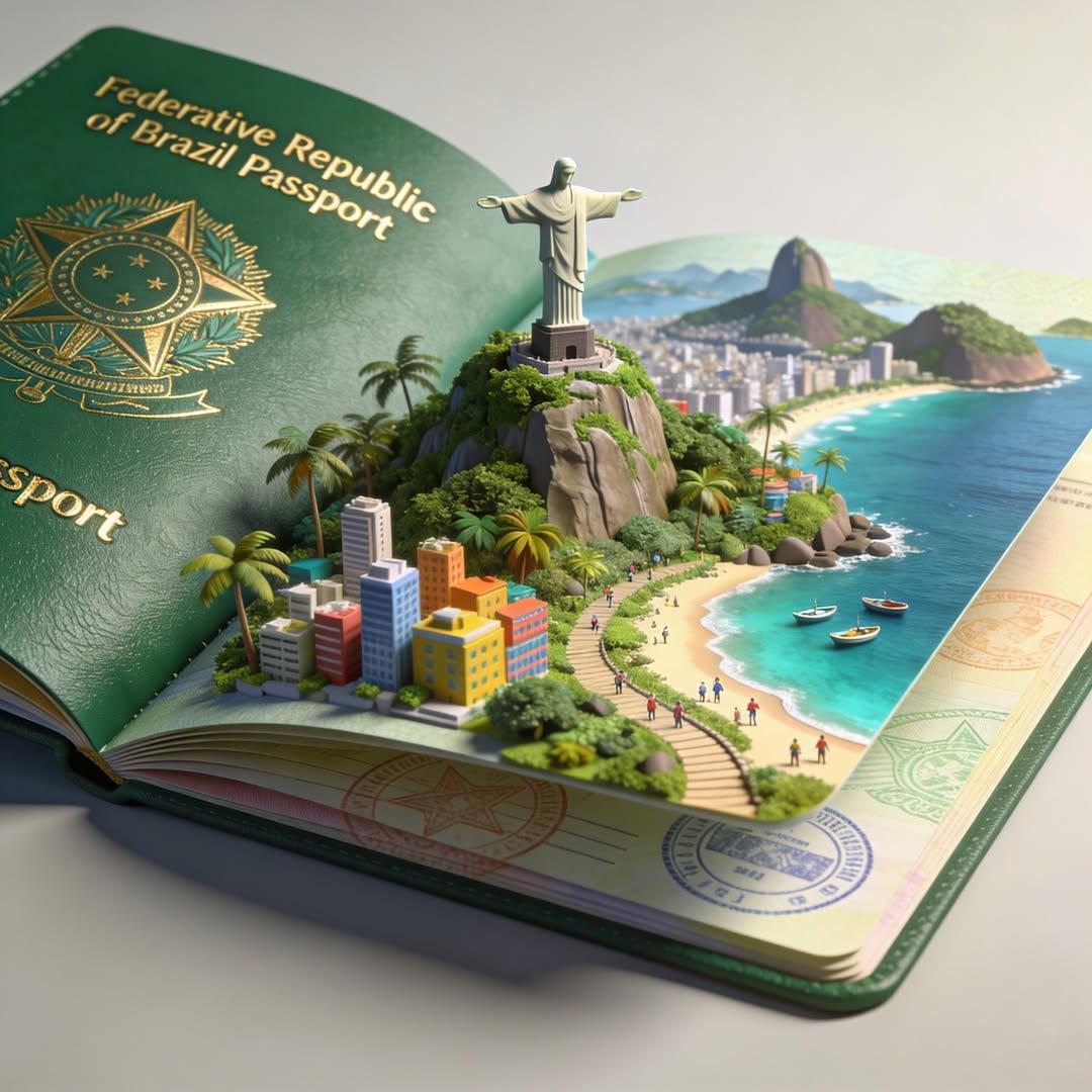 创意旅行概念:一本翻开的护照化作一个微型3D世界,精致的立体模型从书页中浮现,包含标志性建筑与风景(寺庙、塔楼、桥梁、山脉、海滩),微小的人沿着小径行走,逼真的纹理与层次感,柔和…