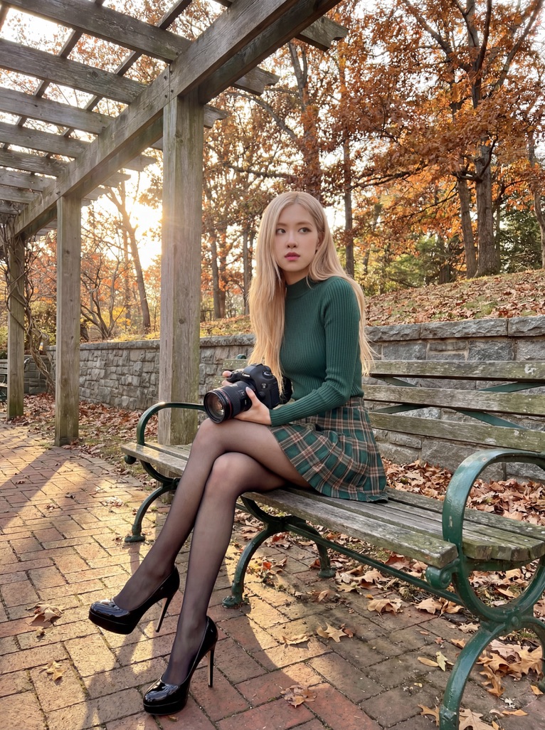 { "prompt": "KPOP偶像Blackpink的Jennie坐在公园绿色长凳上,手持DSLR相机。身穿蓝色制服高领上衣、蓝色格纹迷你裙、透明黑色连裤袜和黑色厚底细高跟鞋…