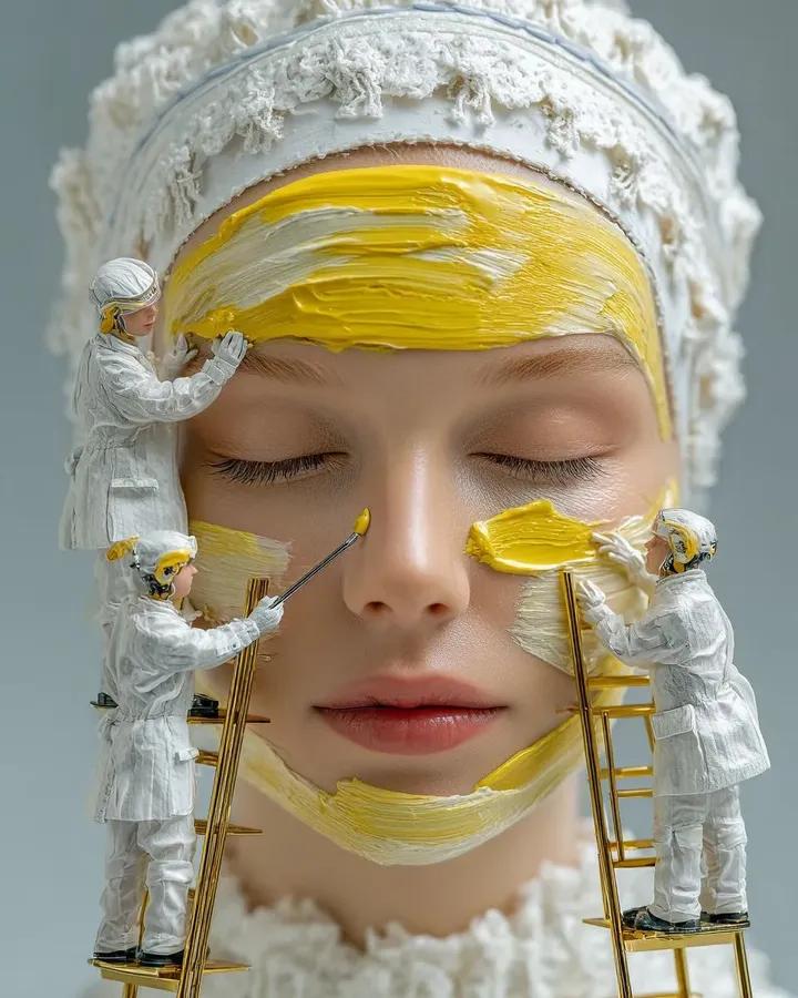 "超现实主义超写实美妆概念图像:一位女性的面部特写,双眼紧闭,肌肤光滑无瑕,头戴质感白色头巾。身着白色防护服的微型人类工人正使用刷子和工具在她脸上涂抹厚厚的黄白相间面膜。部分工人…