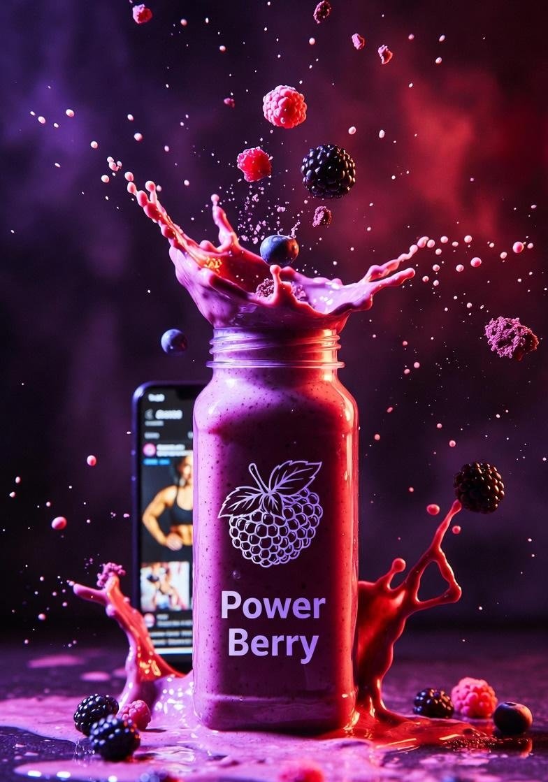 高能量产品摄影：一杯色彩鲜艳的莓果冰沙，盛于贴有 “Power Berry”（能量莓果）标签的玻璃罐中，动感飞溅迸发，周围悬浮着空中的覆盆子、蓝莓和黑莓，浓稠丝滑的液体向上爆裂四…