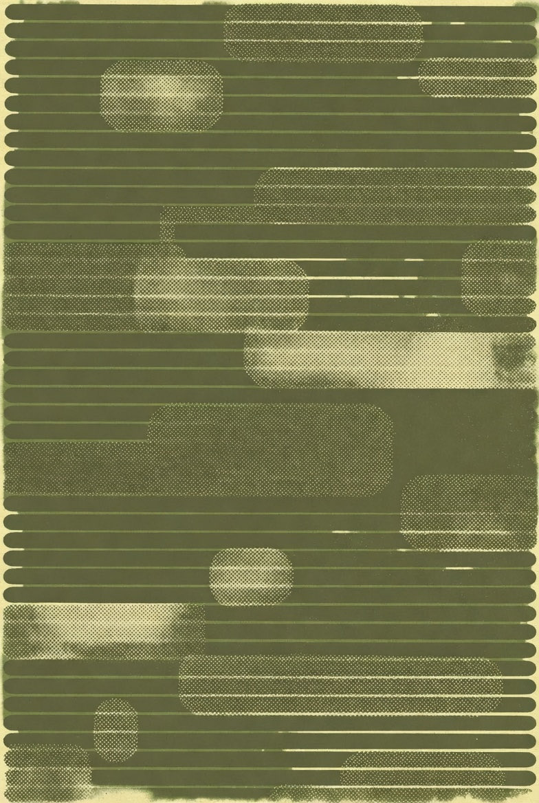 单色橄榄绿背景，复古半调线纹图案，粗细不一的平行线条，1970年代平面设计风格，微妙墨水晕染效果，极简主义复古质感，高品质 #ai #背景 #提示 https://t.co/JU…