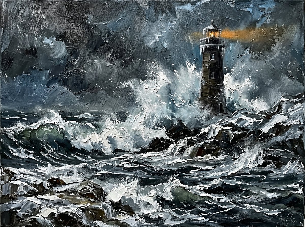 厚重浓烈的厚涂法油画，可见强烈而戏剧性的笔触，描绘了严冬深处一座孤零零的灯塔，遭受巨浪猛烈冲击，海浪在灯塔底部炸裂翻腾、绕塔盘旋而上，冰冷的浪花悬于空中，头上是黑暗的风暴天空，冷…