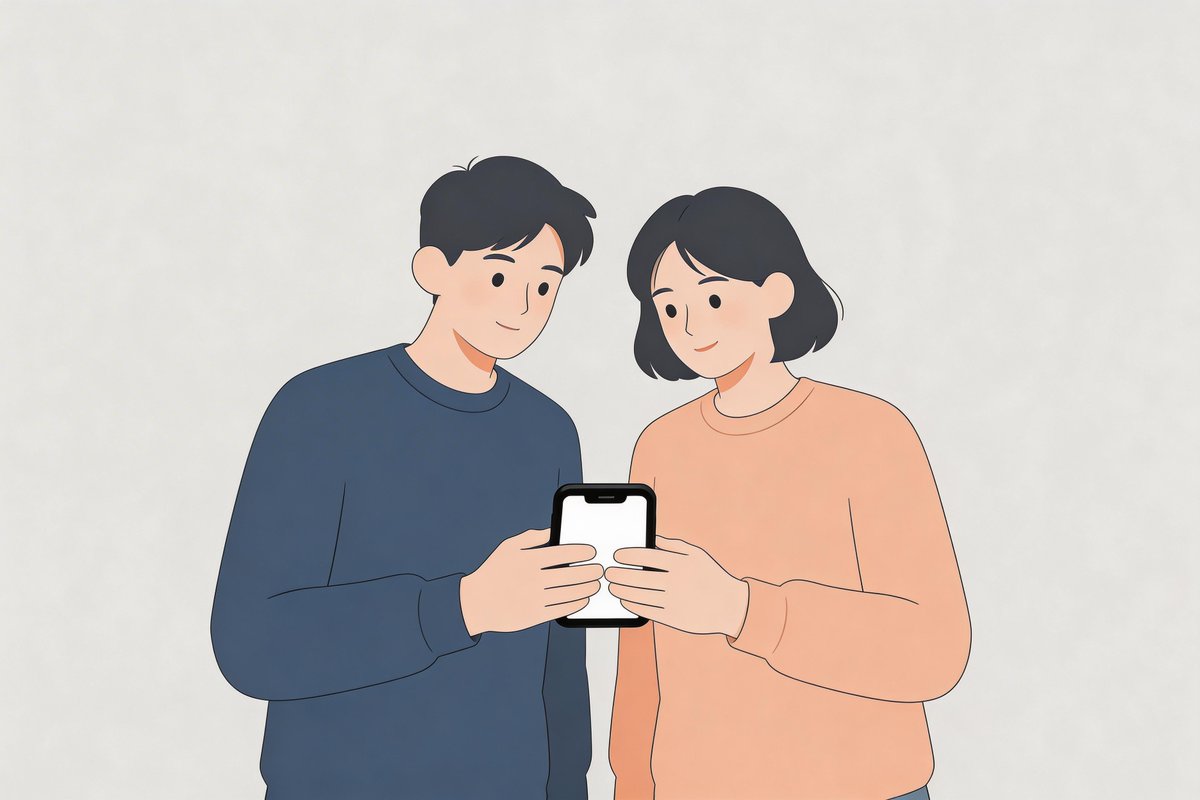 一幅扁平设计风格的插画,描绘一个男孩和女孩一起学习,旁边放着书本和笔记本电脑,采用正面视角的极简风格。背景为纯净的柔和薄荷绿色调,画面采用温暖的棕色和淡黄色的柔和中性配色,造型简…