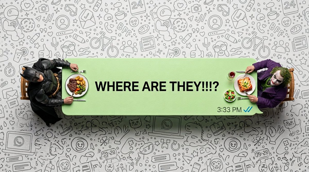 超现实的自上而下宏观摄影。一个细长的浅绿色 WhatsApp 对话气泡充当餐桌。两个真实的活人（缩小到微小比例）坐在两端。它们不是塑料人偶；它们有可见的………