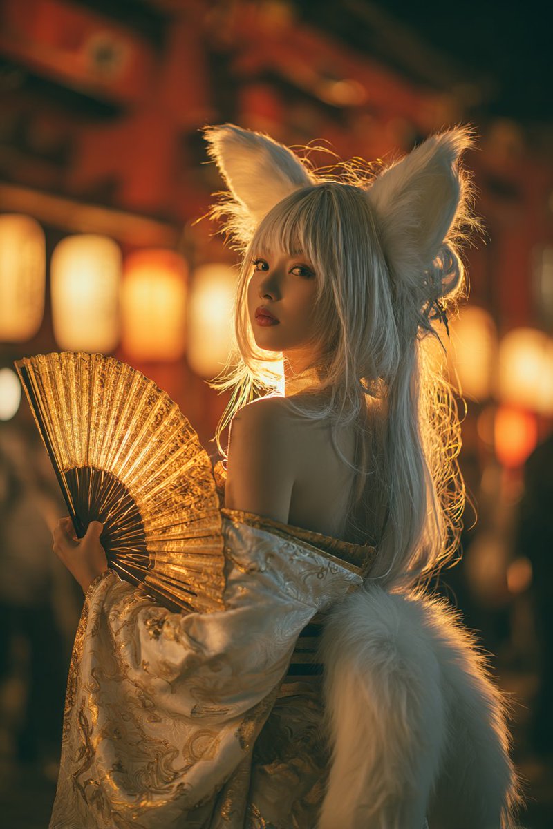 一位美丽的20多岁日本女性，长长的飘逸银白色头发带有金色高光，锐利的金色狐狸眼睛，苍白无瑕的皮肤，白色的狐狸耳朵和多条空灵的白色狐尾，表情神秘而诱人，身着精致的白色与金色和服，一…