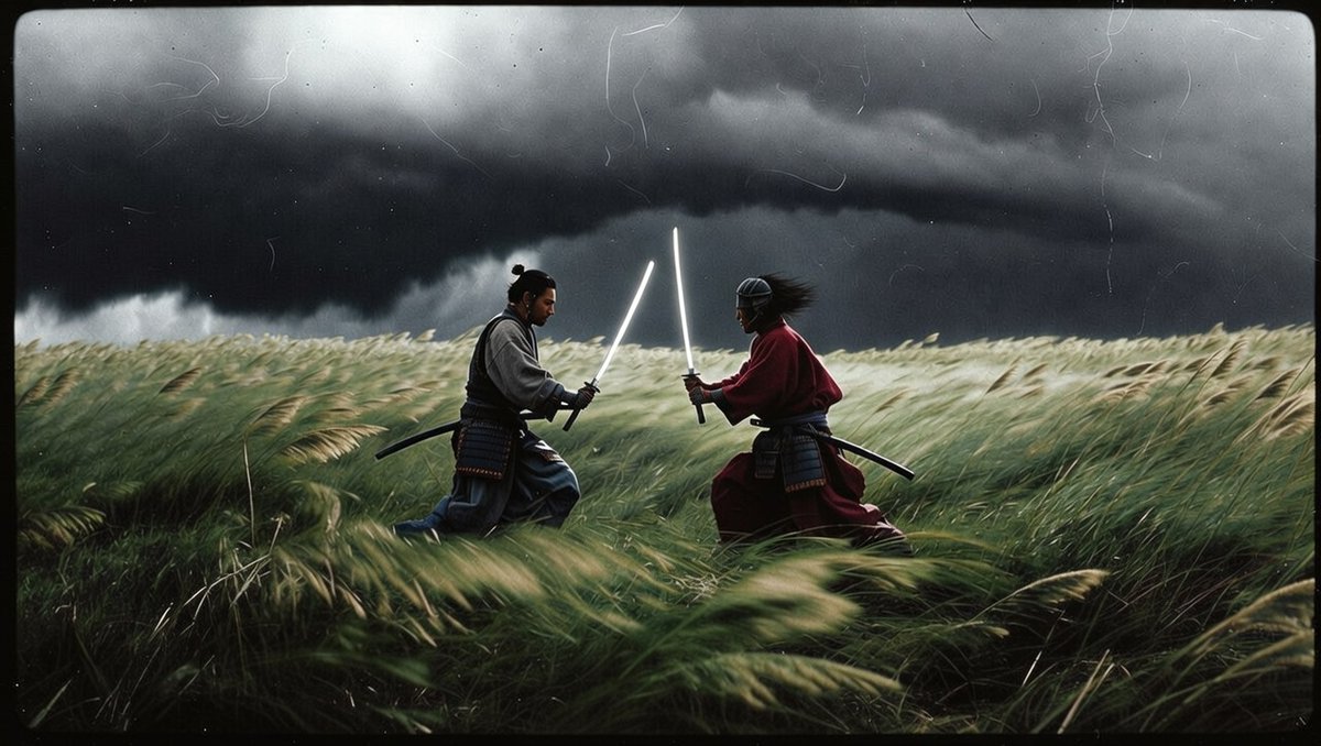 超高速动作场面。手持晃动的镜头跟随左侧的武士向前冲刺。运动模糊。刀剑相击,迸发出爆炸般的火花与紫色奥术闪电效果。冲击波将草地压平。碎片向镜头飞溅。高速快门。右侧的武士在黑色烟雾的…