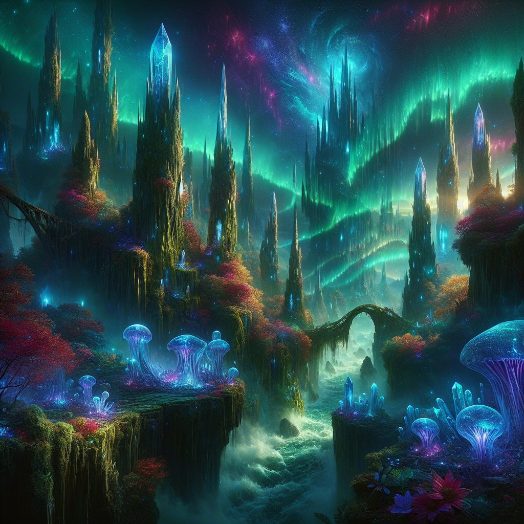 一幅令人叹为观止的奇幻景观在暮色中徐徐展开,位于一座古老而充满魔法的山谷之中。那里高耸的水晶尖塔刺破由深靛蓝与翠绿极光交织而成的旋涡状天幕……更多内容请参阅替代文本 #aiart…