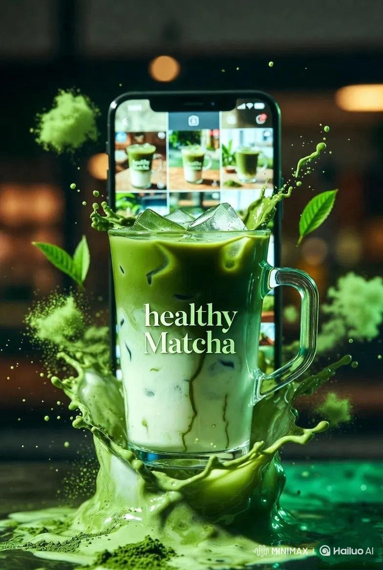 高端商业产品摄影：标注有"healthy Matcha"的冰抹茶拿铁，盛放在透明玻璃/塑料杯中，绵密牛奶与浓郁绿色抹茶交融，戏剧性的液体飞溅定格在空中，漂浮的冰块，饮品周围散落着…