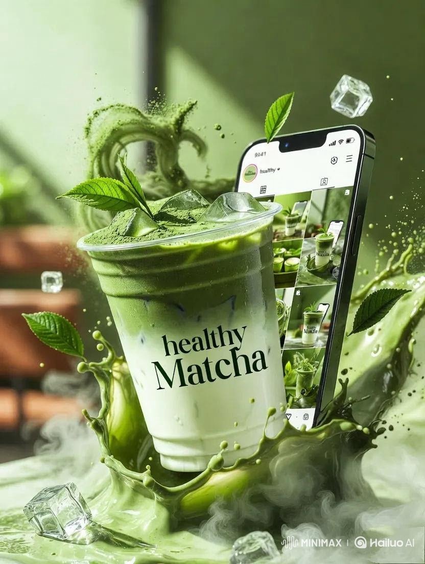 高端商业产品摄影：标注有"healthy Matcha"的冰抹茶拿铁，盛放在透明玻璃/塑料杯中，绵密牛奶与浓郁绿色抹茶交融，戏剧性的液体飞溅定格在空中，漂浮的冰块，饮品周围散落着…