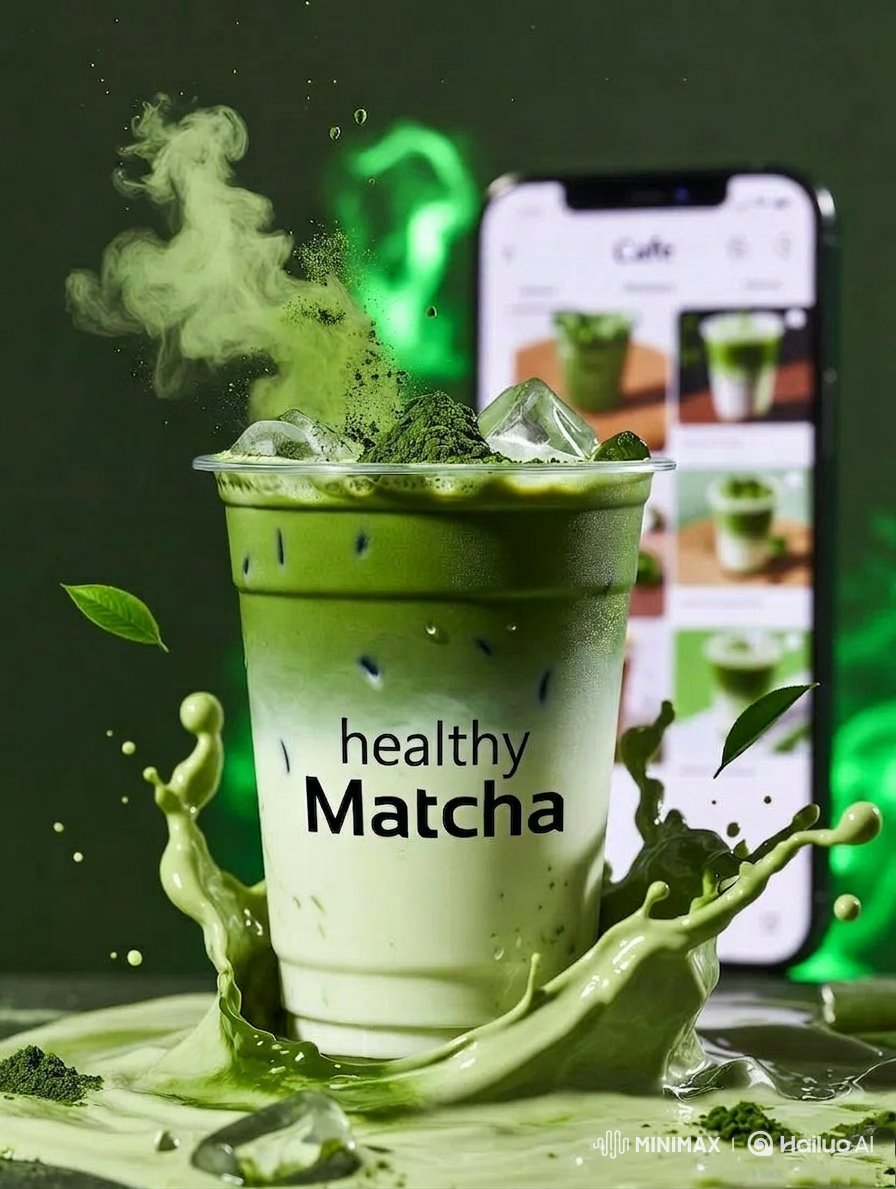 高端商业产品摄影：标注有"healthy Matcha"的冰抹茶拿铁，盛放在透明玻璃/塑料杯中，绵密牛奶与浓郁绿色抹茶交融，戏剧性的液体飞溅定格在空中，漂浮的冰块，饮品周围散落着…