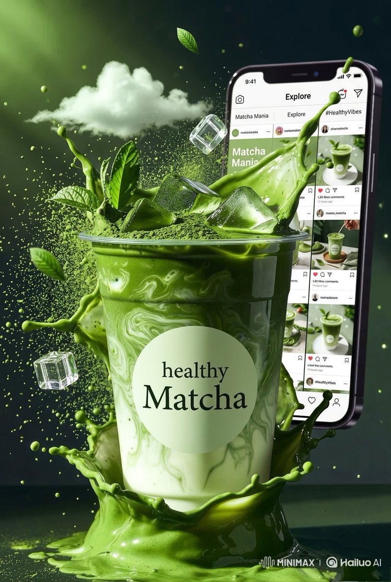 高端商业产品摄影：标注有"healthy Matcha"的冰抹茶拿铁，盛放在透明玻璃/塑料杯中，绵密牛奶与浓郁绿色抹茶交融，戏剧性的液体飞溅定格在空中，漂浮的冰块，饮品周围散落着…