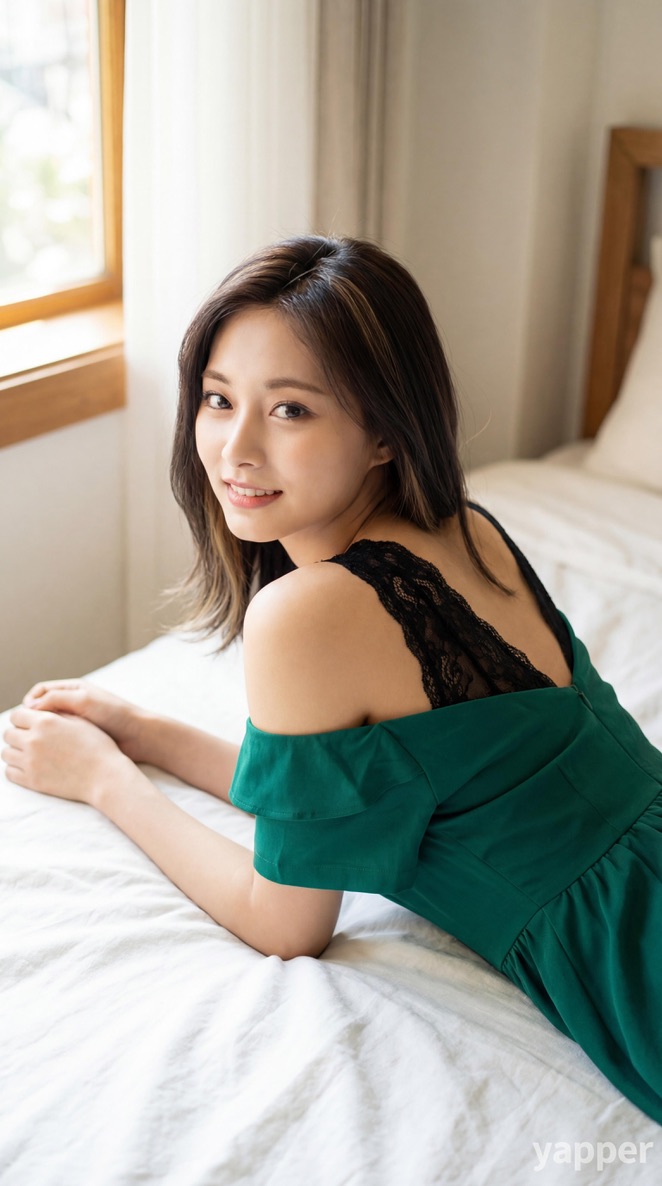 明亮灯光和绿色连衣裙 周子瑜，TWICE Nano Banana Pro 通过 @yapper_so { "prompt": "TWICE的周子瑜，年轻美丽的…