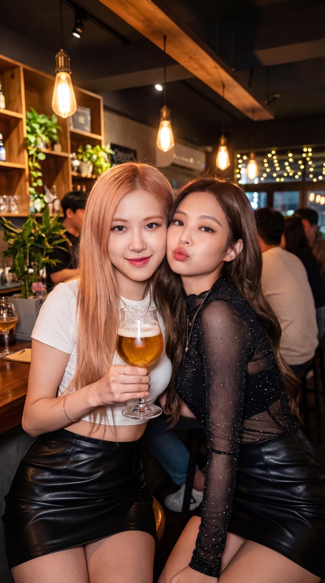 酒吧之夜约会 🍺 Jennie 和 Rosé，blackpink Nano Banana Pro via @yapper_so { "prompt": "tw…