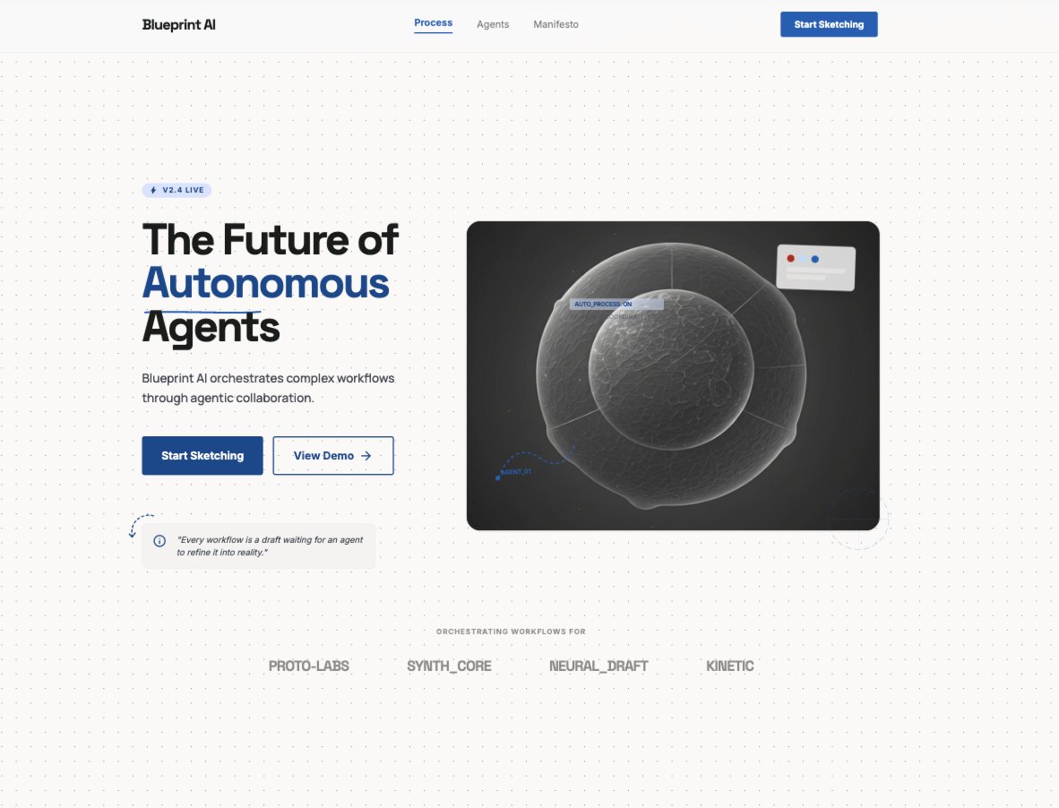 极简未来主义风格的网站首屏：左侧对齐的粗体大标题、简短副文本以及一个简洁的行动号召按钮；右侧填充代理型 AI 世界插画（机器人、无人机、自动化机械臂、仪表盘屏幕、自主智能体协作）…