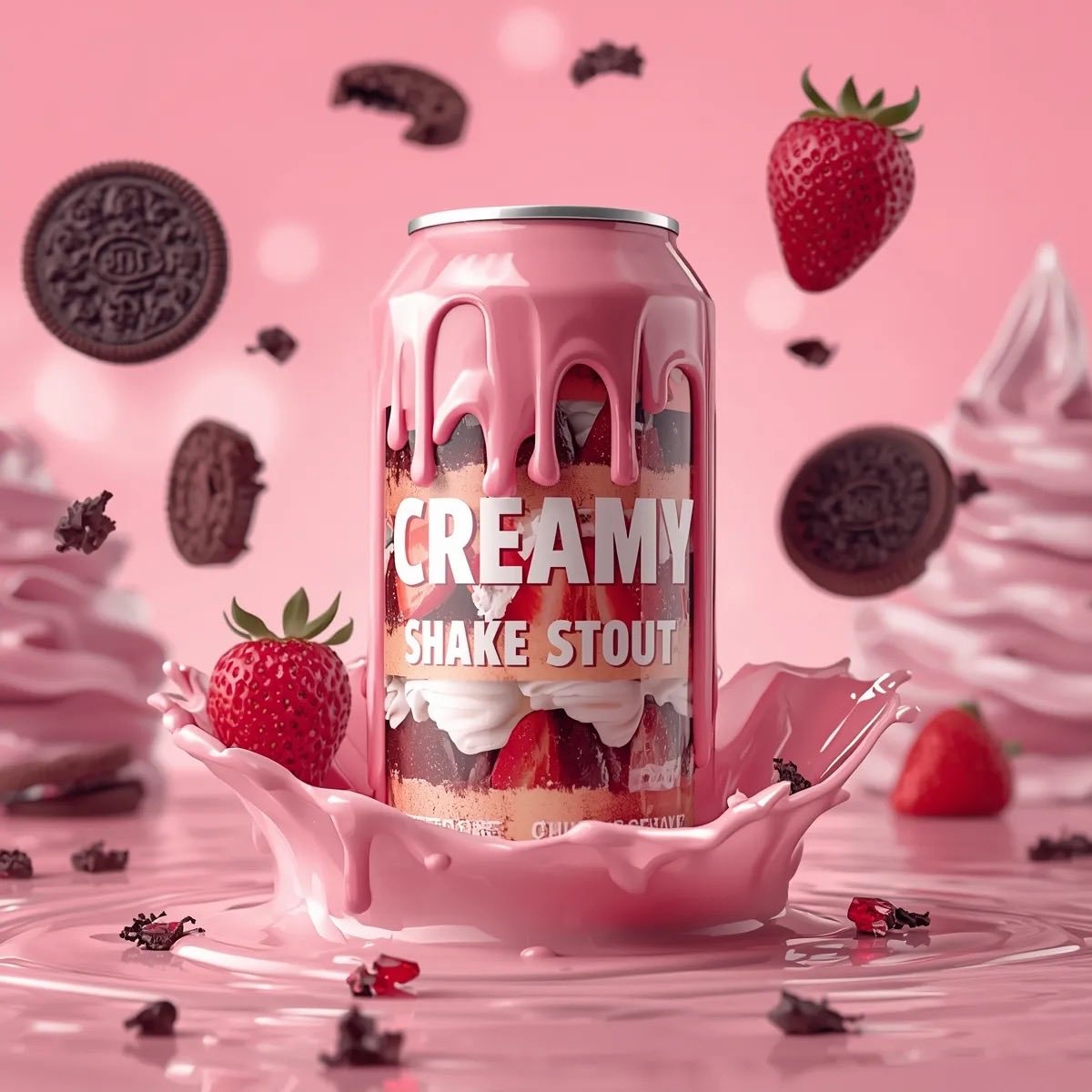 Gemini Nano Banana Pro Prompt 1： 一张超写实的粉色甜点主题饮料罐产品照，罐身标签为“Creamy Shake Stout”，覆盖着光泽流淌的草莓奶…