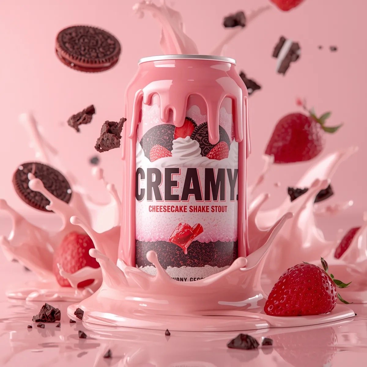 Gemini Nano Banana Pro Prompt 1： 一张超写实的粉色甜点主题饮料罐产品照，罐身标签为“Creamy Shake Stout”，覆盖着光泽流淌的草莓奶…