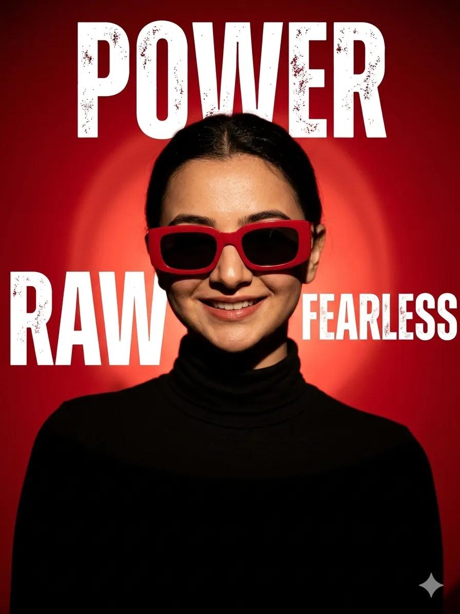 超写实工作室人像：一位自信的年轻女性，佩戴时尚橙色太阳镜，身穿黑色高领毛衣，居中构图，暖橙色渐变背景，柔和电影感光线，清晰面部细节，自然皮肤纹理，略带微笑，深色长波浪卷发，极简美…