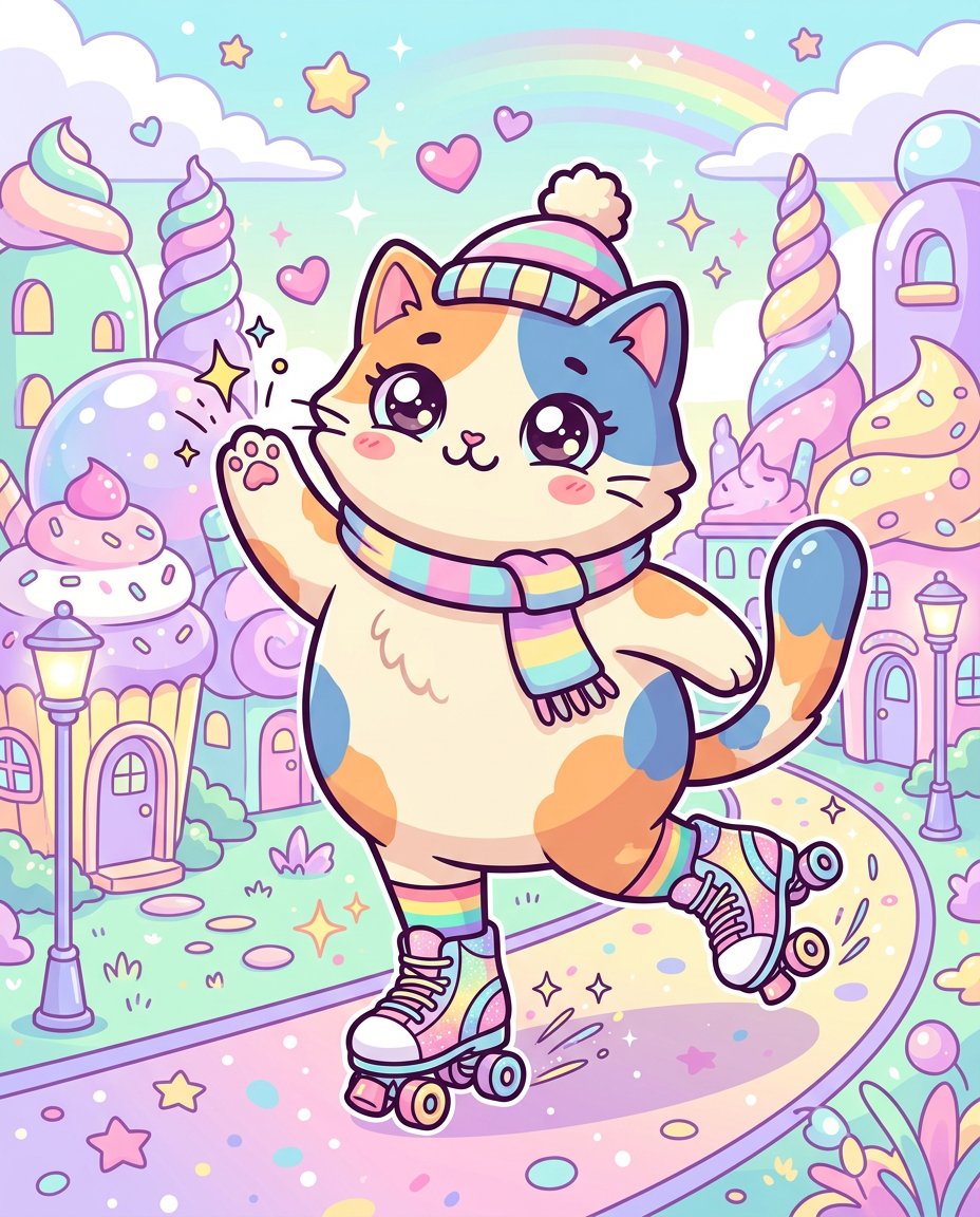 穿着旱冰鞋的猫，波普超现实主义卡哇伊插画风格，干净的矢量线条，鲜明的平涂色彩，超可爱且充满奇思妙想的氛围，全身人物位于画面中心，动态滑冰姿势，一只爪子抬起，超大号富有表现力的眼睛…