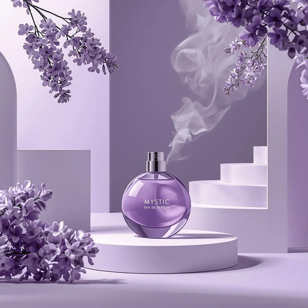 超写实商业产品摄影：“Mystic Eau De Parfum”香水瓶，瓶内装有半透明紫色液体，圆形玻璃瓶居中放置在柔和的淡彩色表面上，金属瓶盖置于一旁，周围…