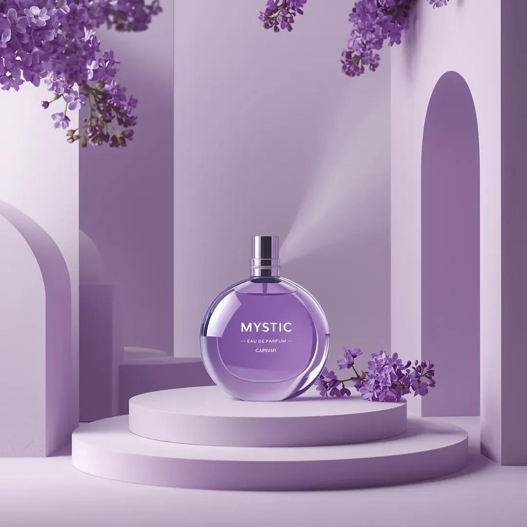 超写实商业产品摄影：“Mystic Eau De Parfum”香水瓶，瓶内装有半透明紫色液体，圆形玻璃瓶居中放置在柔和的淡彩色表面上，金属瓶盖置于一旁，周围是简约建筑场景：光滑…