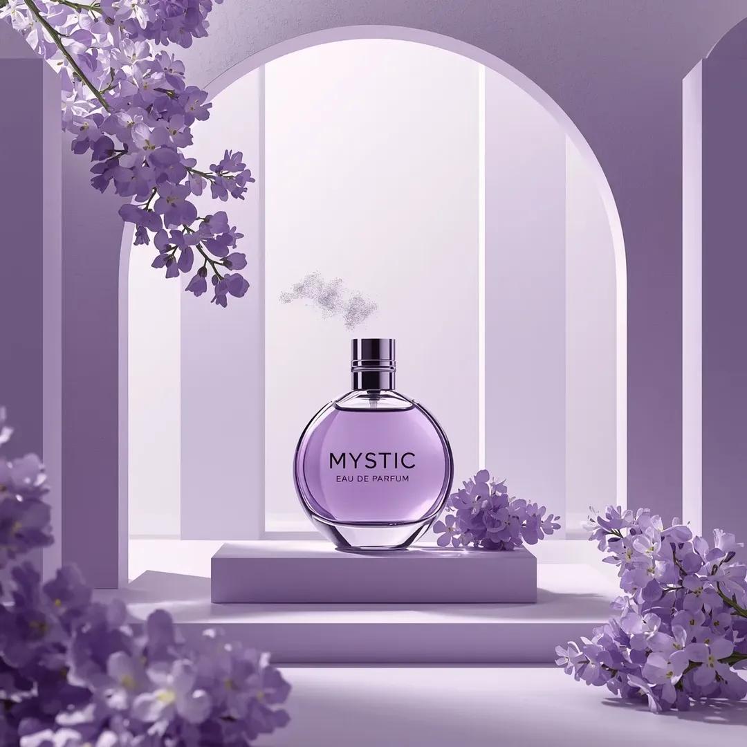 超写实商业产品摄影：“Mystic Eau De Parfum”香水瓶，瓶内装有半透明紫色液体，圆形玻璃瓶居中放置在柔和的淡彩色表面上，金属瓶盖置于一旁，周围是简约建筑场景：光滑…