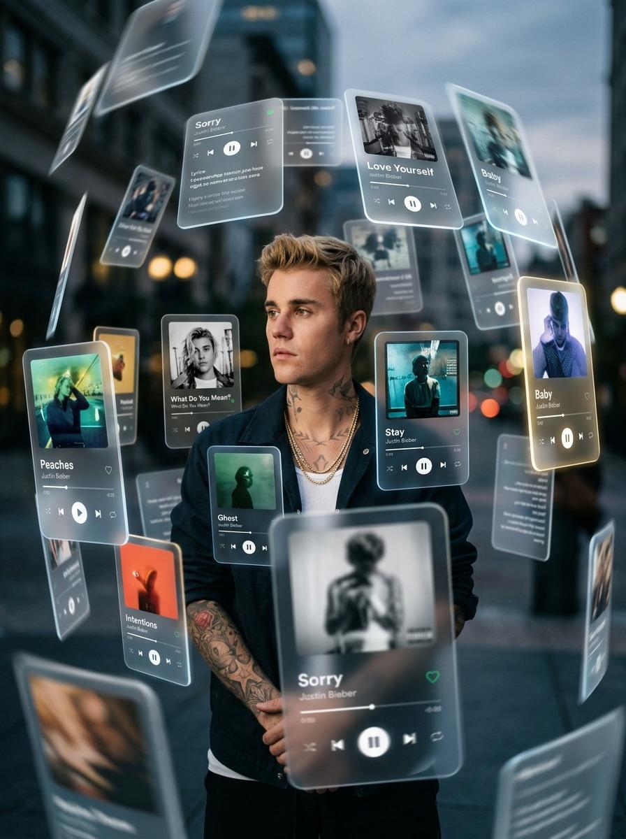 众多 3D Spotify 和 Apple Music 界面卡片以不同深度环绕 Drake 公转。 材质：半透明磨砂玻璃（玻璃拟态），边缘柔和圆润，并带有微妙的发光边框。 运动…