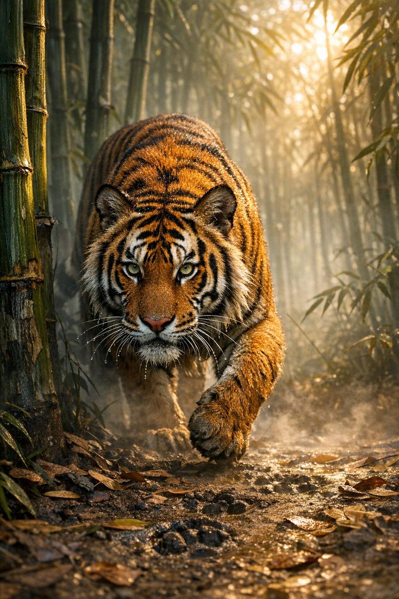 一张照片级真实感的图像：一只雄伟的孟加拉虎在印度孙德尔本斯黎明薄雾笼罩的竹林中悄然潜行，它那光滑的橙色皮毛上有着精致的黑色…更多内容请参阅替代文本 #aiart https://…