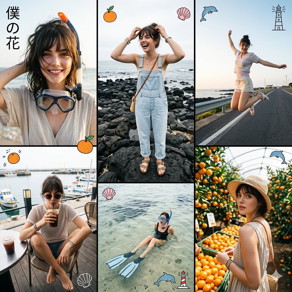 五个不对称编辑画面的拼贴,时尚画报对照表风格,不规则布局,画框尺寸各异,动态杂志构图 济州岛2026年夏季时尚编辑大片,面部参考,一位时尚的主角在不同画面中出现在韩国济州岛的自发…