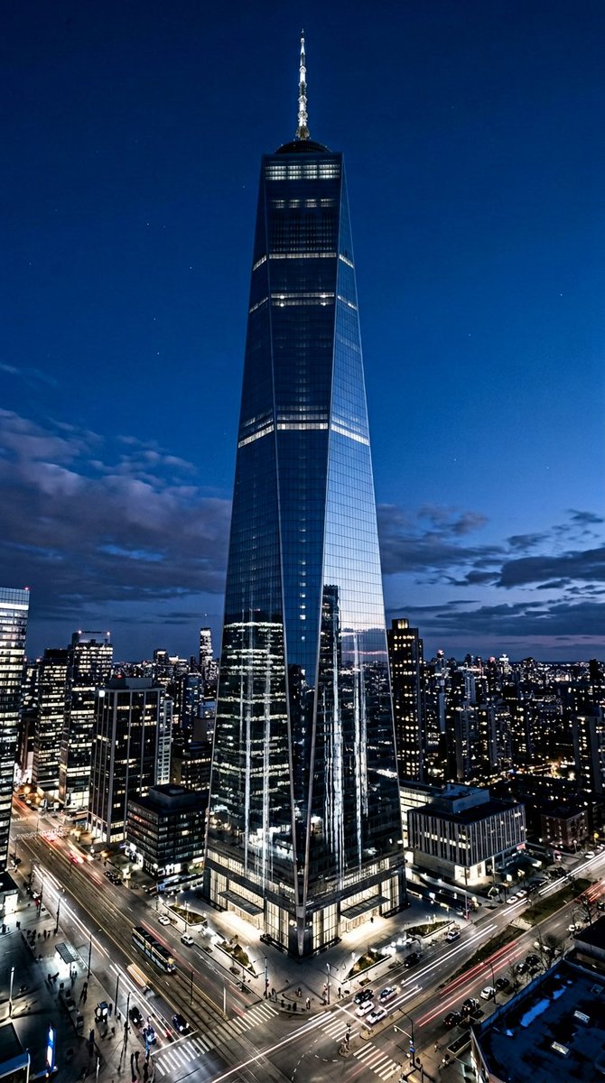 一座高耸的未来主义摩天大楼塔楼主宰着都市天际线，其立面由大面积无缝的玻璃和抛光钢板构成，倒映着下方的城市。塔楼以简洁的几何线条和极少的装饰优雅地向天空收窄。周围的建筑在远处逐渐后…