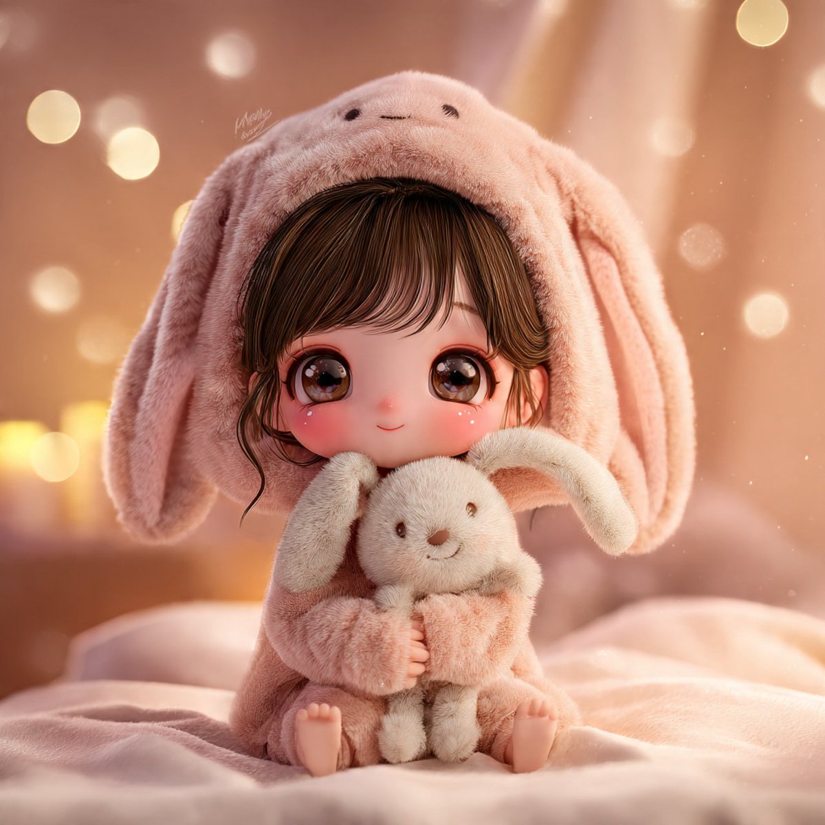 可爱的Q版（chibi）女孩穿着宽松的兔子睡衣，垂着软趴趴的长耳朵，抱着一只毛绒玩具，坐在柔软的床上，温暖舒适的光线，眼睛大而有光泽，柔和的粉色色调，梦幻又可…