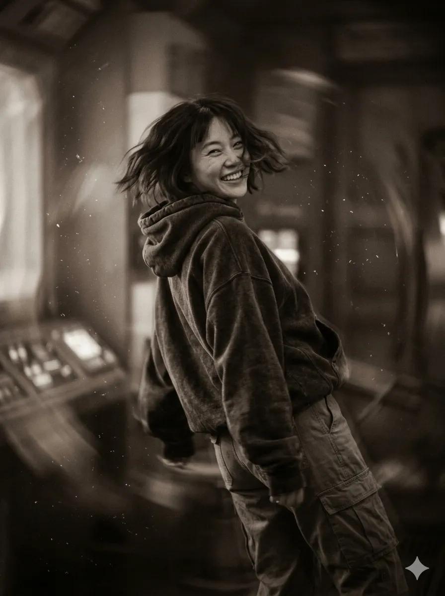 一张电影感 candid 人像：一位留着凌乱短波波头的亚洲女性在零重力中漂浮，转头朝向镜头，笑容灿烂，神情欢快无忧无虑。她的头发在脸庞周围自由飘动，形成柔和的失重动态。她穿着休闲…