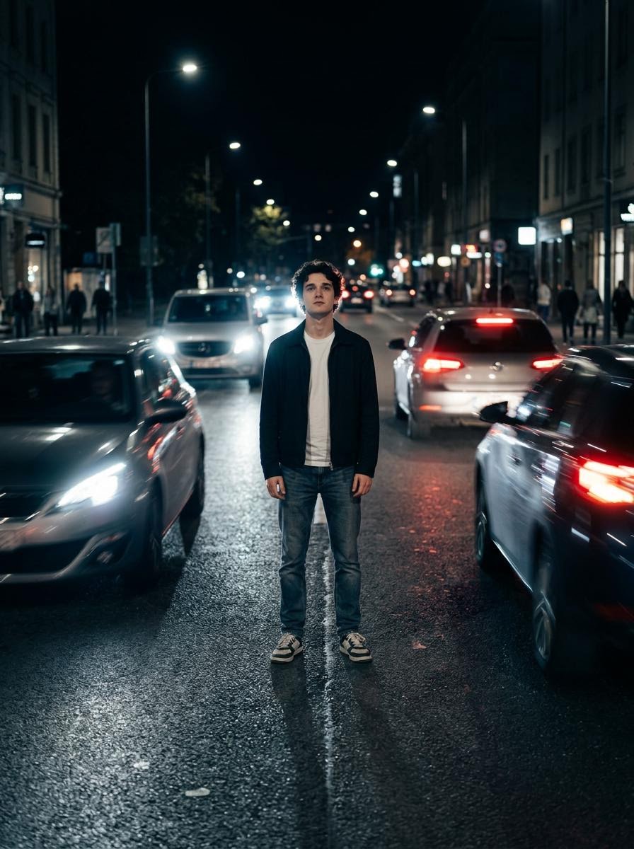 使用上传图像中的人脸,生成一张真实感的人物照片。人物站在夜晚的道路中央,神情平静而自信。两侧车辆高速驶过,在人物周围形成动态模糊和光轨。人物静止不动且清晰对焦,而周围的一切看起来…