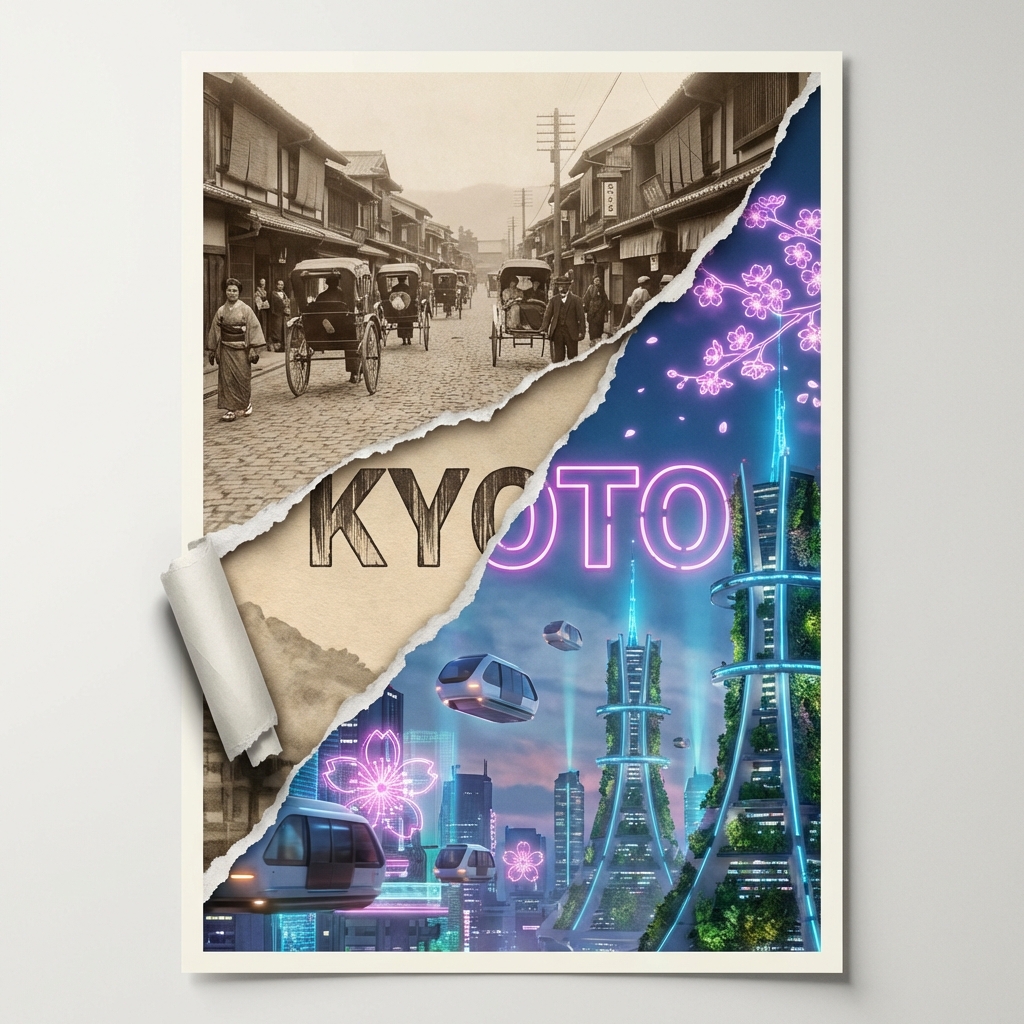 创作一张[2:3]比例的海报，画面中央呈对角线撕开，露出京都两个截然不同的时代。左上方的撕裂层呈现1920年代的京都，配以棕褐色调的街道、复古的人力车和传统的町屋建筑。右下方的显…