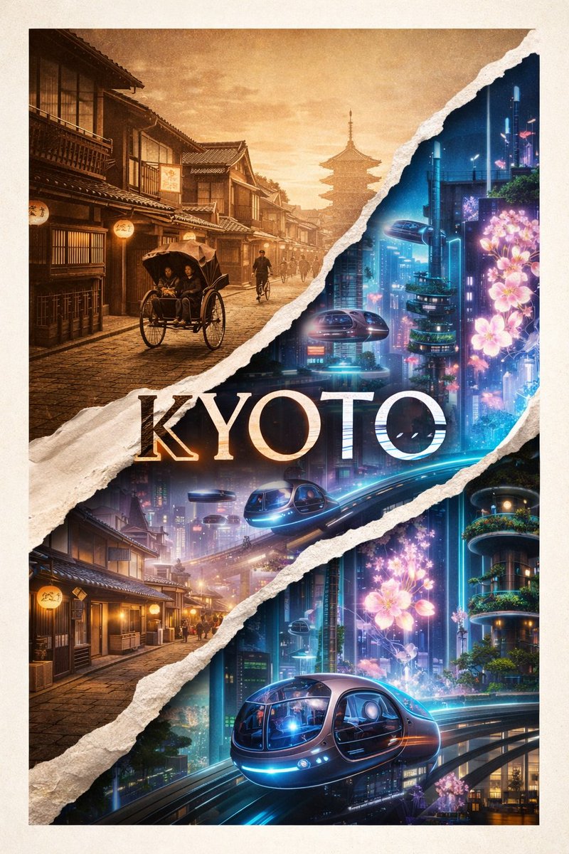 创作一张[2:3]比例的海报，画面中央呈对角线撕开，露出京都两个截然不同的时代。左上方的撕裂层呈现1920年代的京都，配以棕褐色调的街道、复古的人力车和传统的町屋建筑。右下方的显…