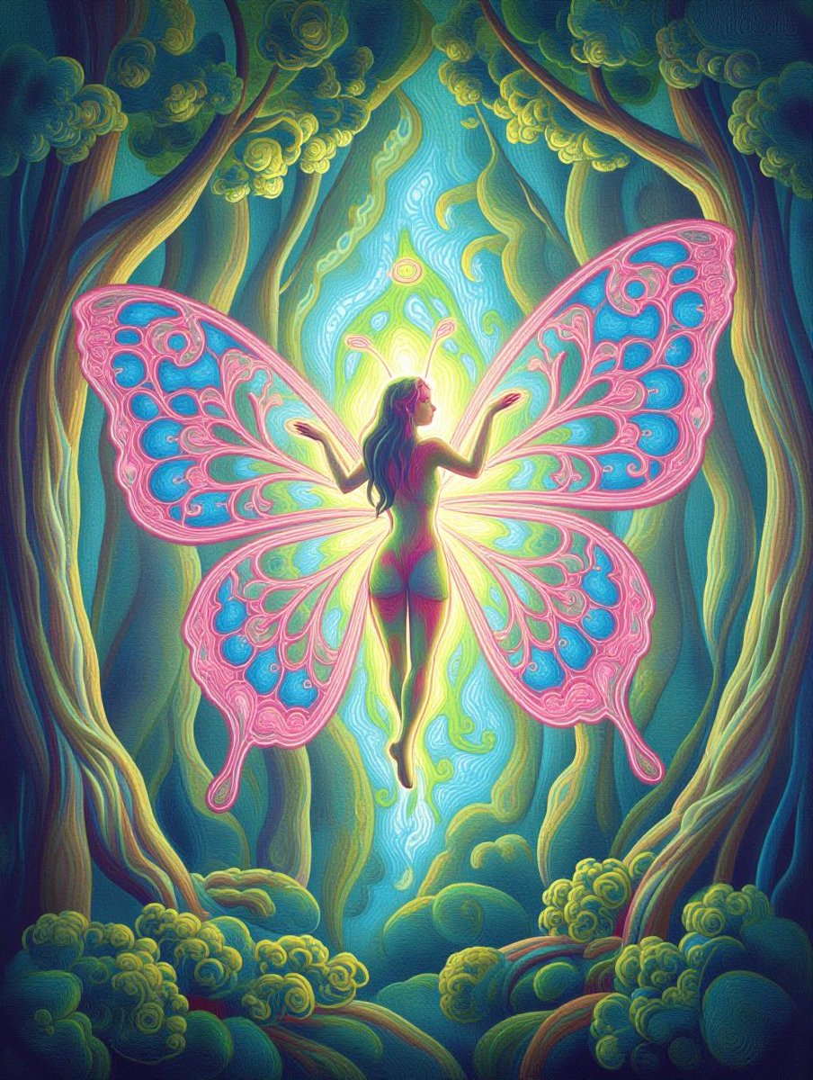 butterfly elf with fractal euler geometry woven into wings and branches in serene pastel…