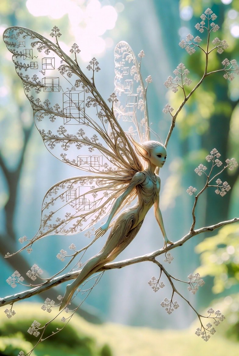 butterfly elf with fractal euler geometry woven into wings and branches in serene pastel…