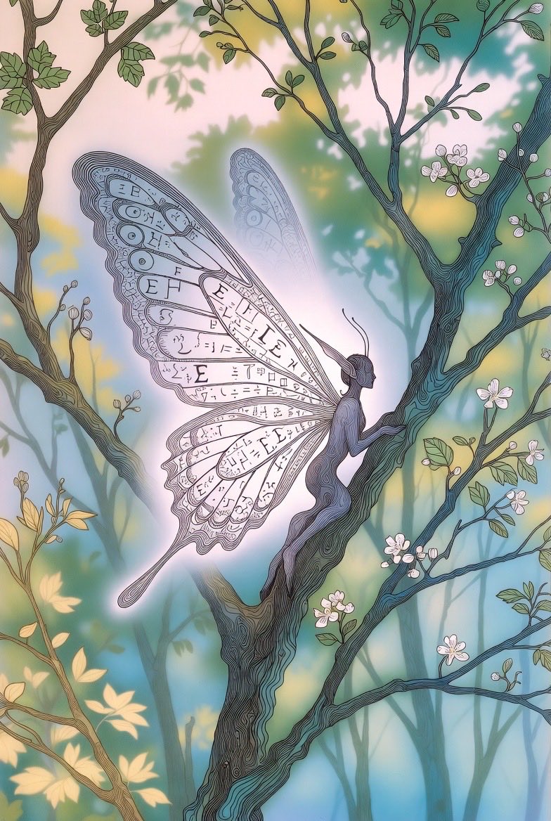 butterfly elf with fractal euler geometry woven into wings and branches in serene pastel…