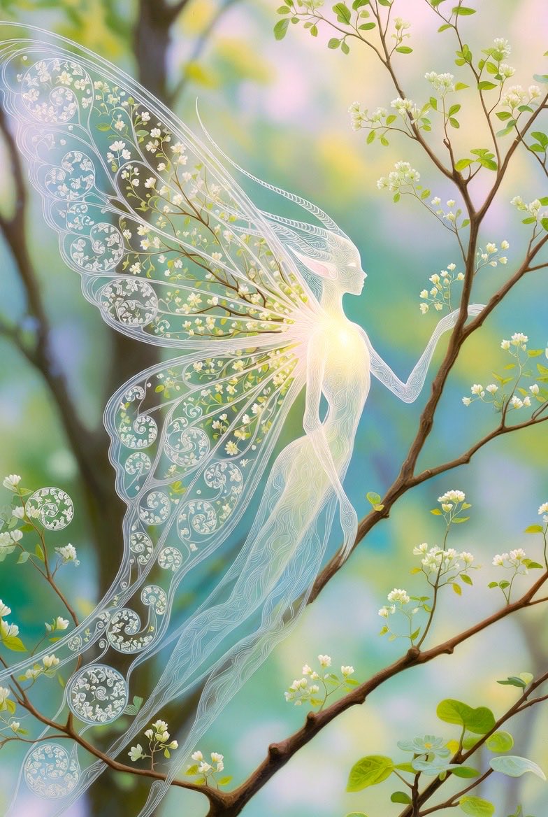 butterfly elf with fractal euler geometry woven into wings and branches in serene pastel…