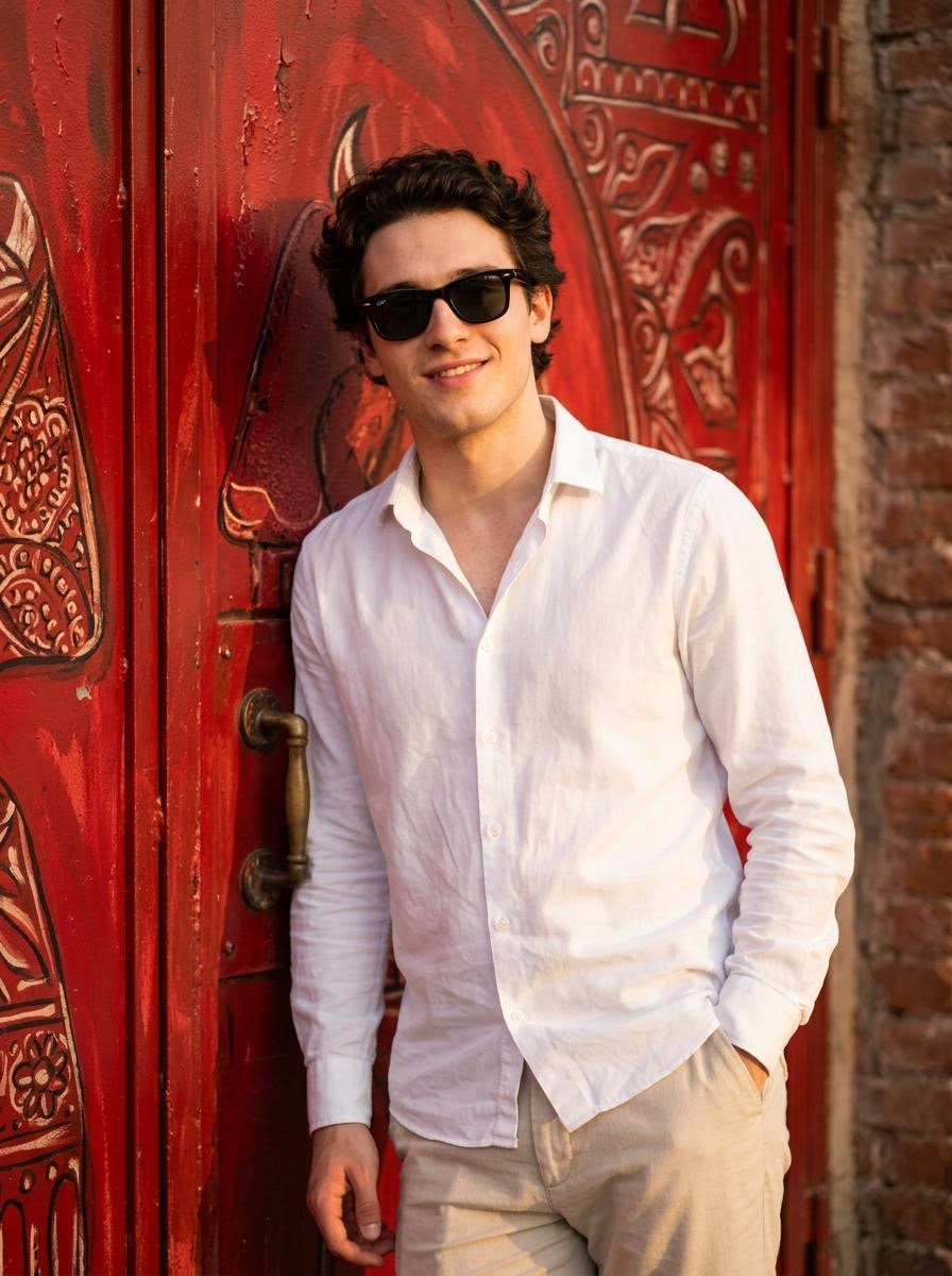 创建一张真实的照片,使用上传图像中的人脸。该人物随意地站在一扇带有艺术图案的精致红色金属门前面。人物略微倾斜,一只手插在口袋里,表情放松自信。他们穿着白色纽扣衬衫,顶部纽扣敞开…