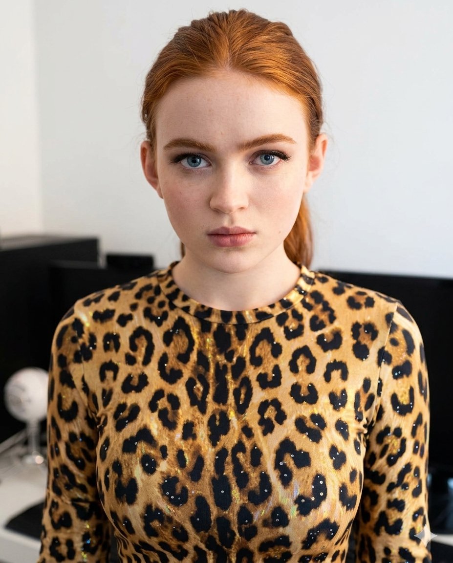 { "image_prompt": { "subject": { "type": "young woman", "features": { "hair": "bright red…