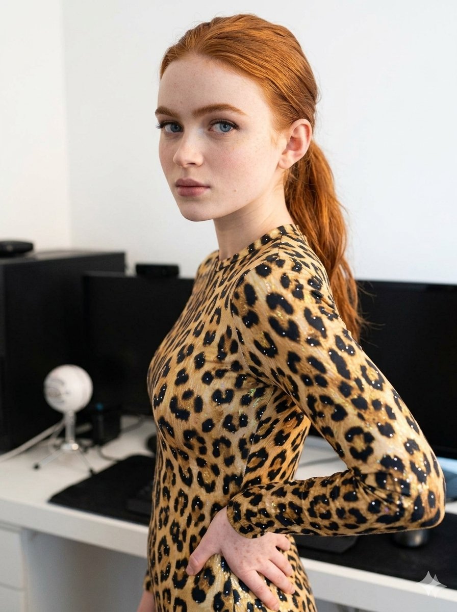 { "image_prompt": { "subject": { "type": "young woman", "features": { "hair": "bright red…