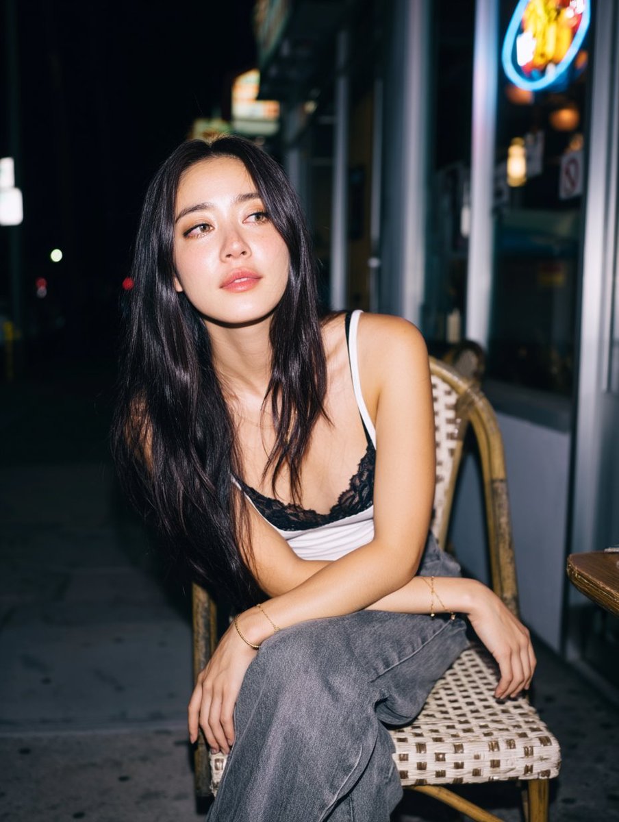 一张夜晚街头的随性人像照,一位年轻女性随意地坐在一家小型都市餐厅外的藤编咖啡椅上。她有一头黑色长发,妆容自然且泛着柔和光泽,身穿白色背心内搭黑色蕾丝胸衣,下身…