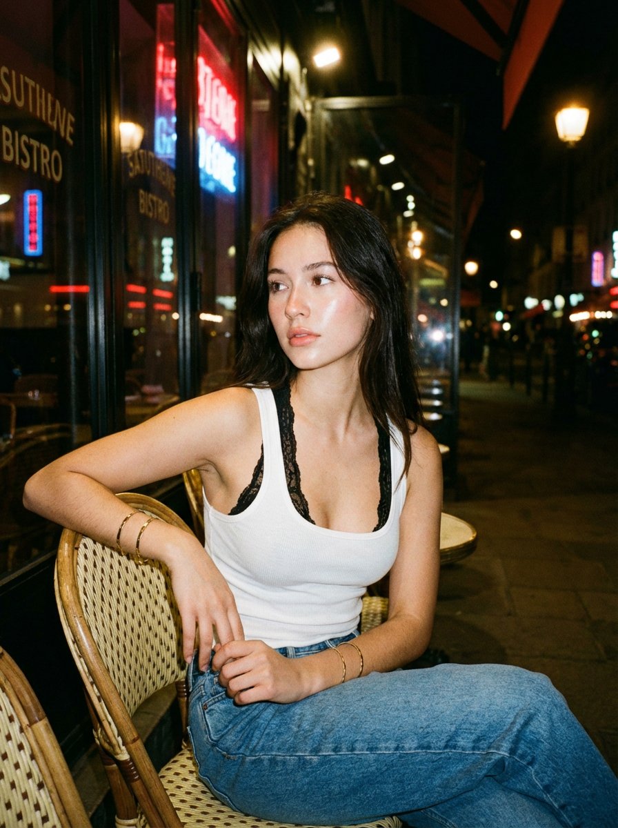 一张夜晚街头的随性人像照,一位年轻女性随意地坐在一家小型都市餐厅外的藤编咖啡椅上。她有一头黑色长发,妆容自然且泛着柔和光泽,身穿白色背心内搭黑色蕾丝胸衣,下身搭配宽松的牛仔牛仔裤…