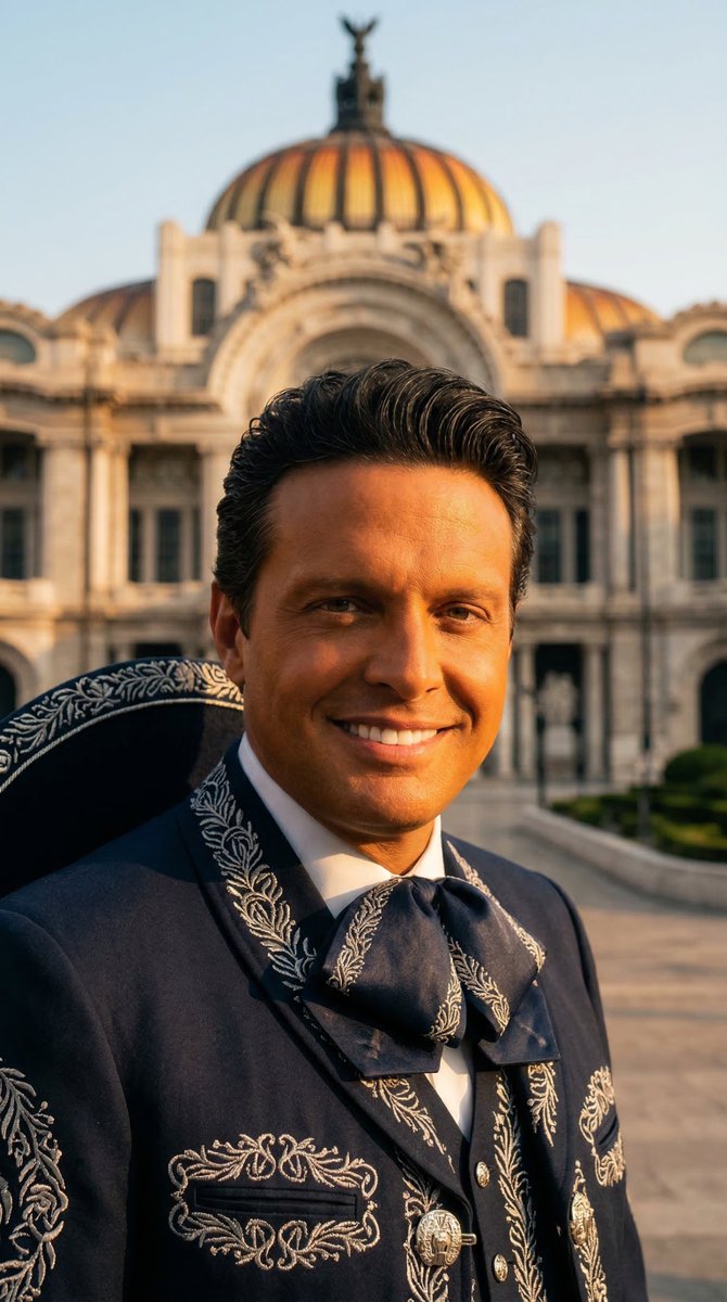 路易斯·米格尔作为墨西哥街头 mariachi 偶像，温暖的金棕色肤色，浓密深色波浪卷发向后梳起，身穿带银色刺绣的经典 charro 套装，站立于墨西哥城美术宫前，黄昏时分，温暖…
