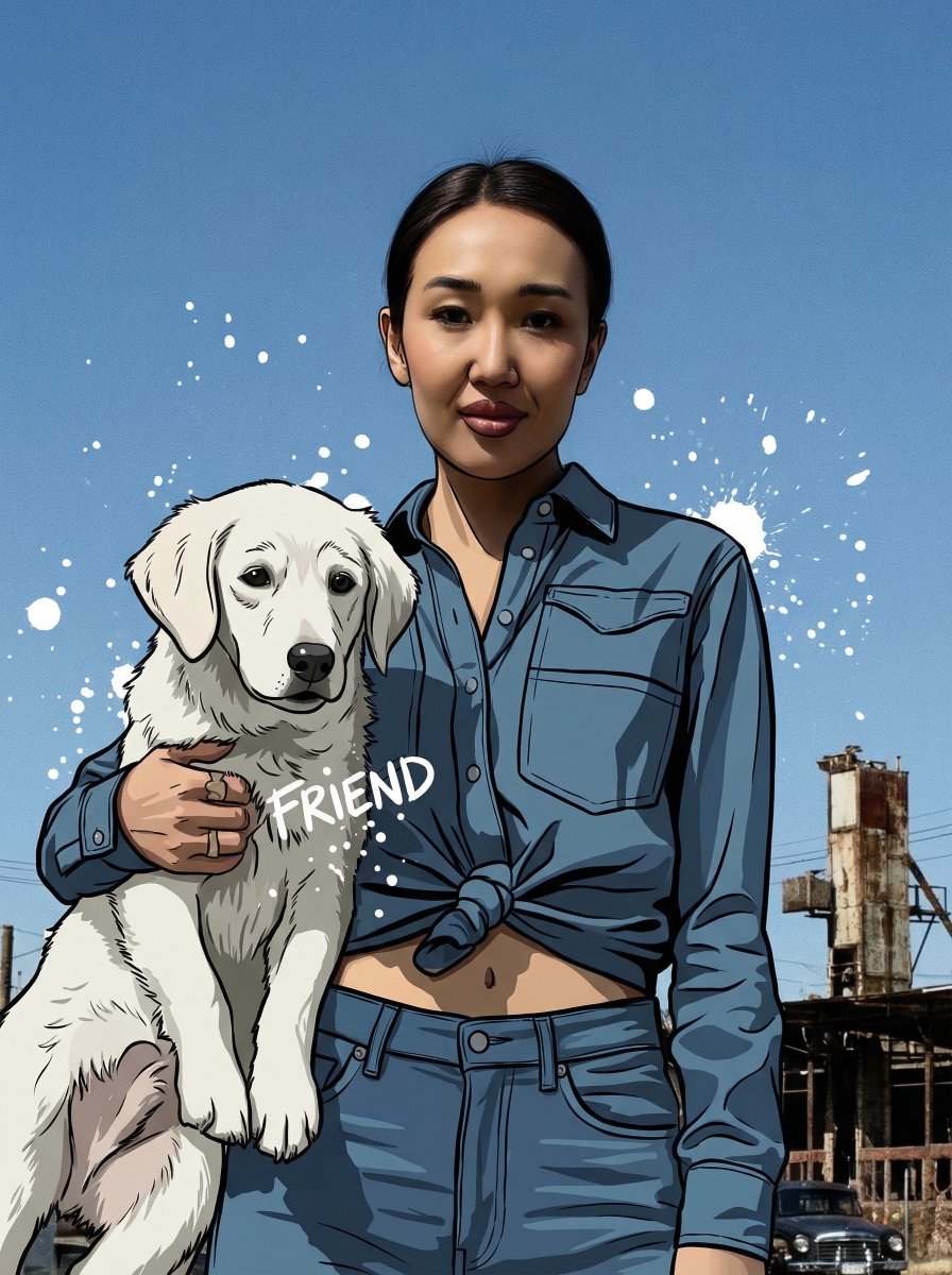 视觉风格:在上传的照片上直接叠加漫画插画效果。主体人物的面部和双手必须保持完全照片质感,不做任何修改。画面中的其他所有元素——服装、食物/饮品、滴落物、物件——都用粗黑描边和平涂…