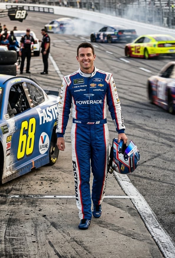 超写实电影质感正方形图像：画面中一位全身出镜、魅力十足的 NASCAR 赛车手（我），在我的赛车旁自信地向镜头走来，赛车位于画面左侧，正对前方。我和赛车都不在…