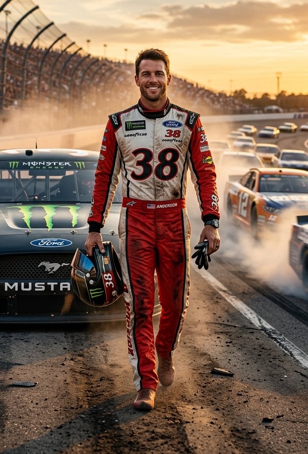 超写实电影质感正方形图像：画面中一位全身出镜、魅力十足的 NASCAR 赛车手（我），在我的赛车旁自信地向镜头走来，赛车位于画面左侧，正对前方。我和赛车都不在赛道内。画面右侧是一…