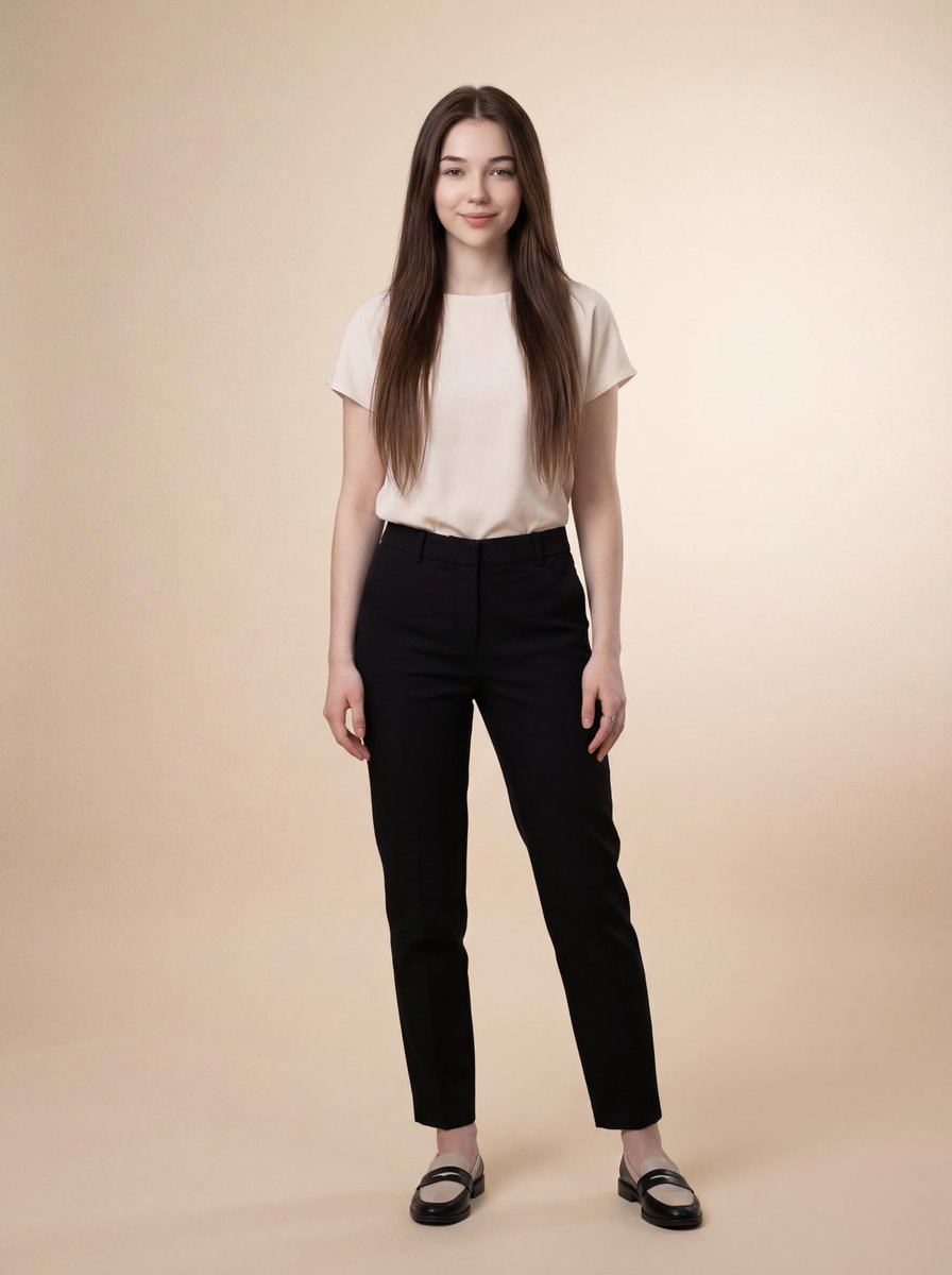 { "image_generation": { "subject": { "description": "以放松自信姿势站立的年轻女性", "pose": "全身可见，站直身体…