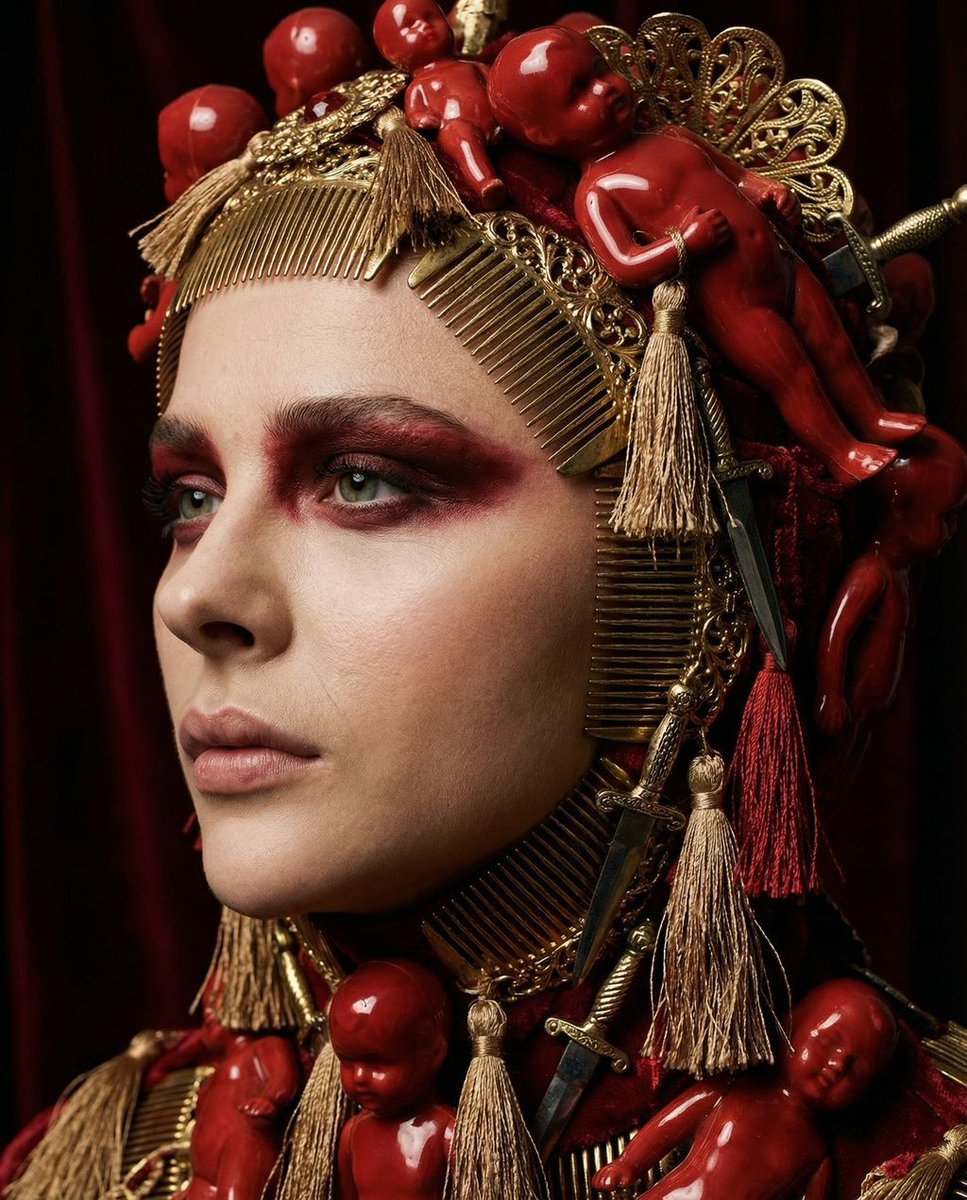 { "vibe_title_en": "Crimson Ceremonial Burden", "master_prompt": "一张超写实的、近距离侧脸肖像，画面中的主角被淹…